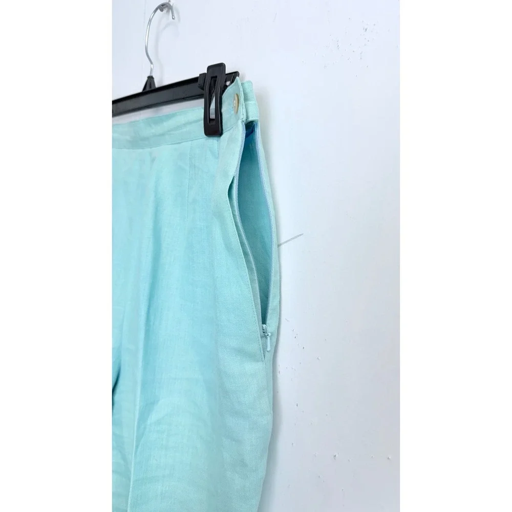 Talbots Vintage 100% Irish Linen‎ 2 Piece Pant Suit Light Blue Zip Jacket Size 8